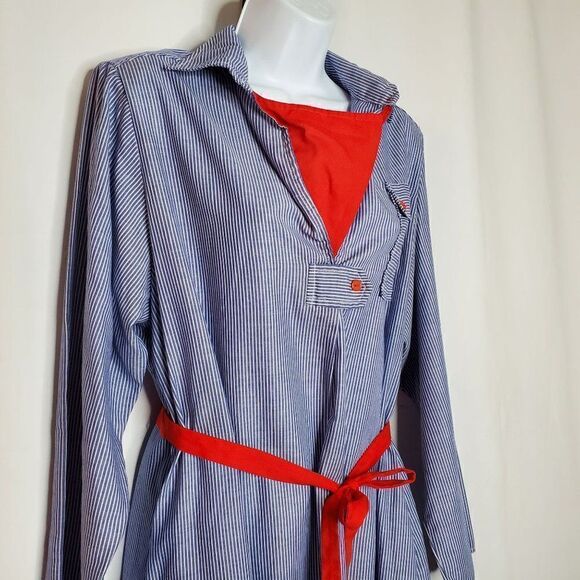 Vintage 80s Blue Stripe Collared Shirt Dress 14 Light Weight Beach Nautical Red - Picture 3 of 7